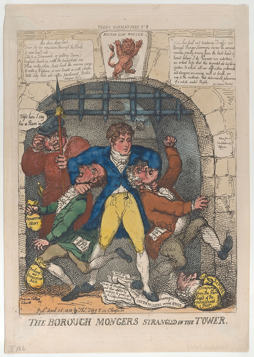 The Borough Mongers Strangled in the Tower, Thomas Rowlandson (British, London 1757–1827 London), Hand-colored etching 