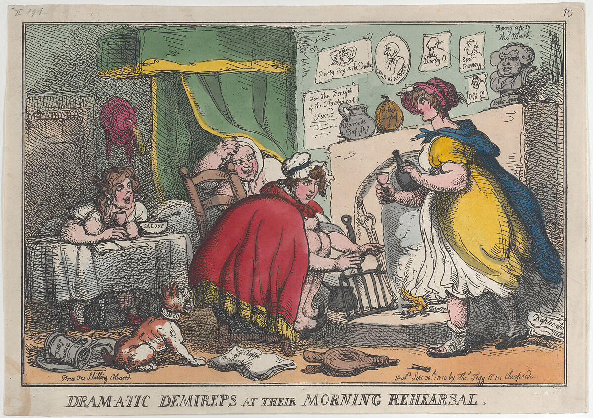 Dram-a-tic Demireps at their Morning Rehearsal, Thomas Rowlandson (British, London 1757–1827 London), Hand-colored etching 