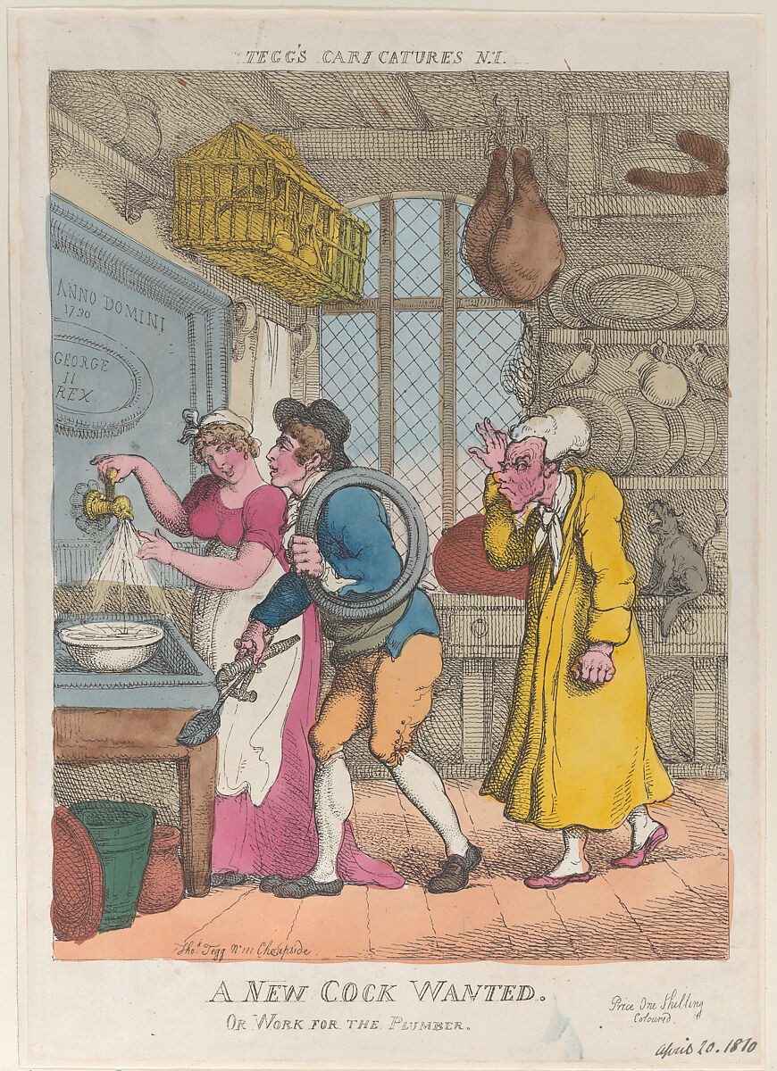 A New Cock Wanted, or Work for the Plumber, Thomas Rowlandson (British, London 1757–1827 London), Hand-colored etching 