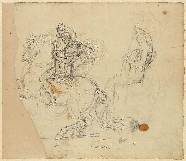 Warrior on Horseback, Sheathing his Sword, Jacques Louis David (French, Paris 1748–1825 Brussels), Black chalk 