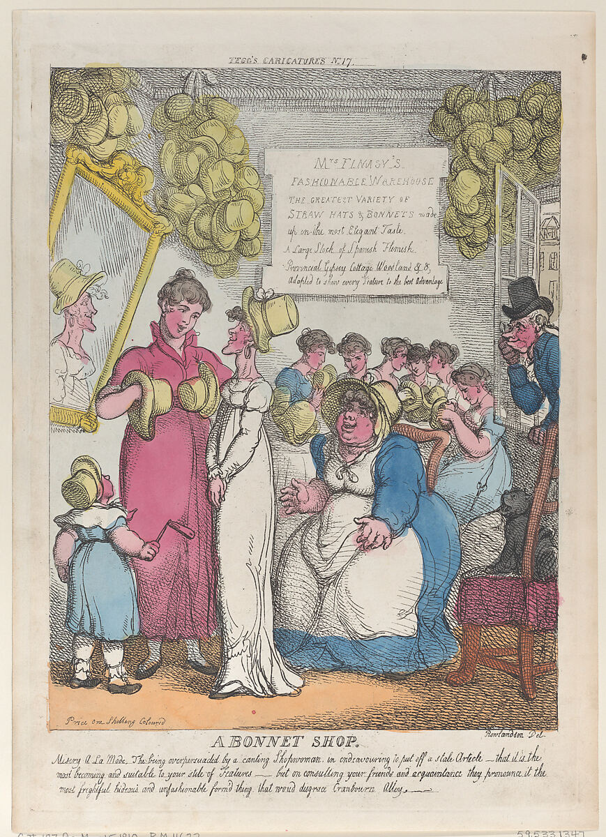 A Bonnet Shop, Thomas Rowlandson (British, London 1757–1827 London), Hand-colored etching 