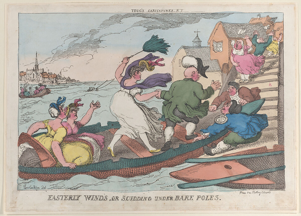 Easterly Winds, or Scudding Under Bare Poles, Thomas Rowlandson (British, London 1757–1827 London), Hand-colored etching; reprint 