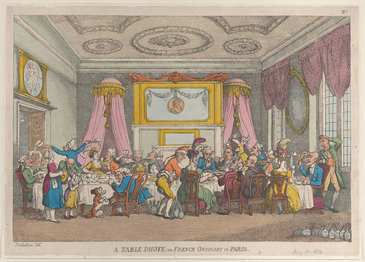 A Table D'Hote or French Ordinary in Paris, Thomas Rowlandson (British, London 1757–1827 London), Hand-colored etching 