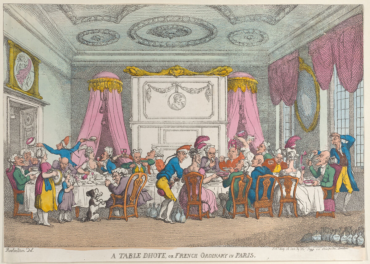 A Table D'Hote or French Ordinary in Paris, Thomas Rowlandson (British, London 1757–1827 London), Hand-colored etching 