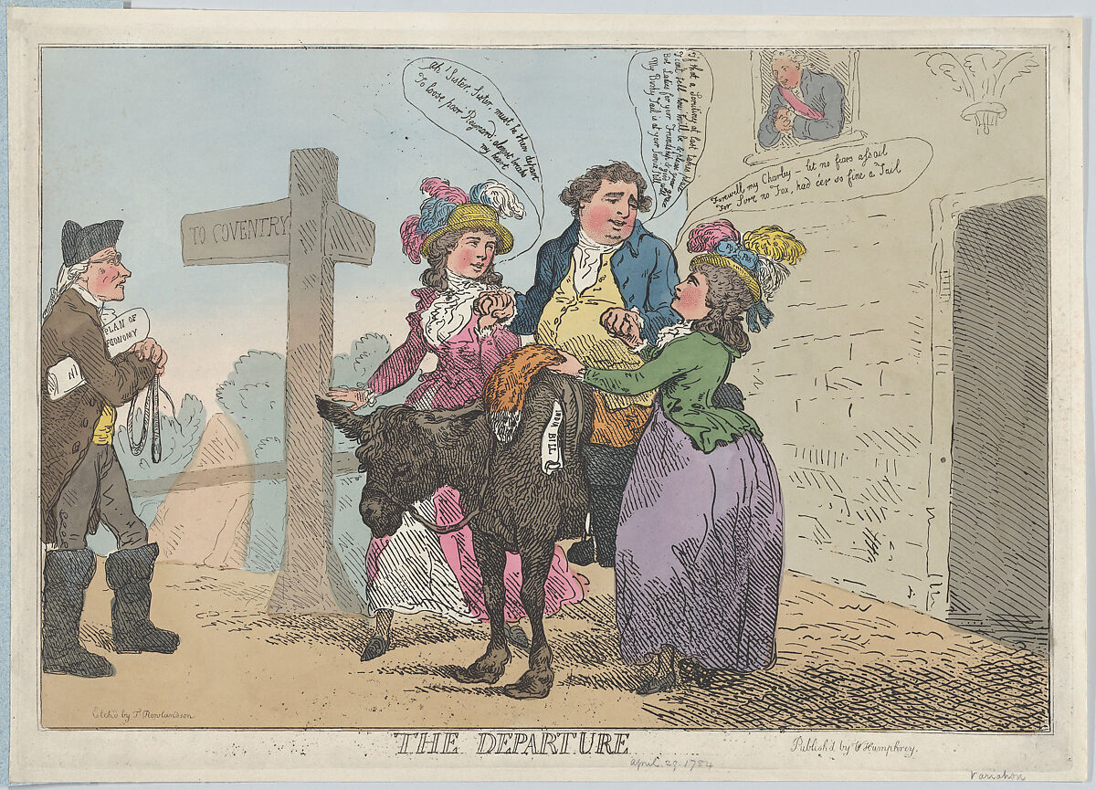 The Departure, Thomas Rowlandson (British, London 1757–1827 London), Hand-colored etching 