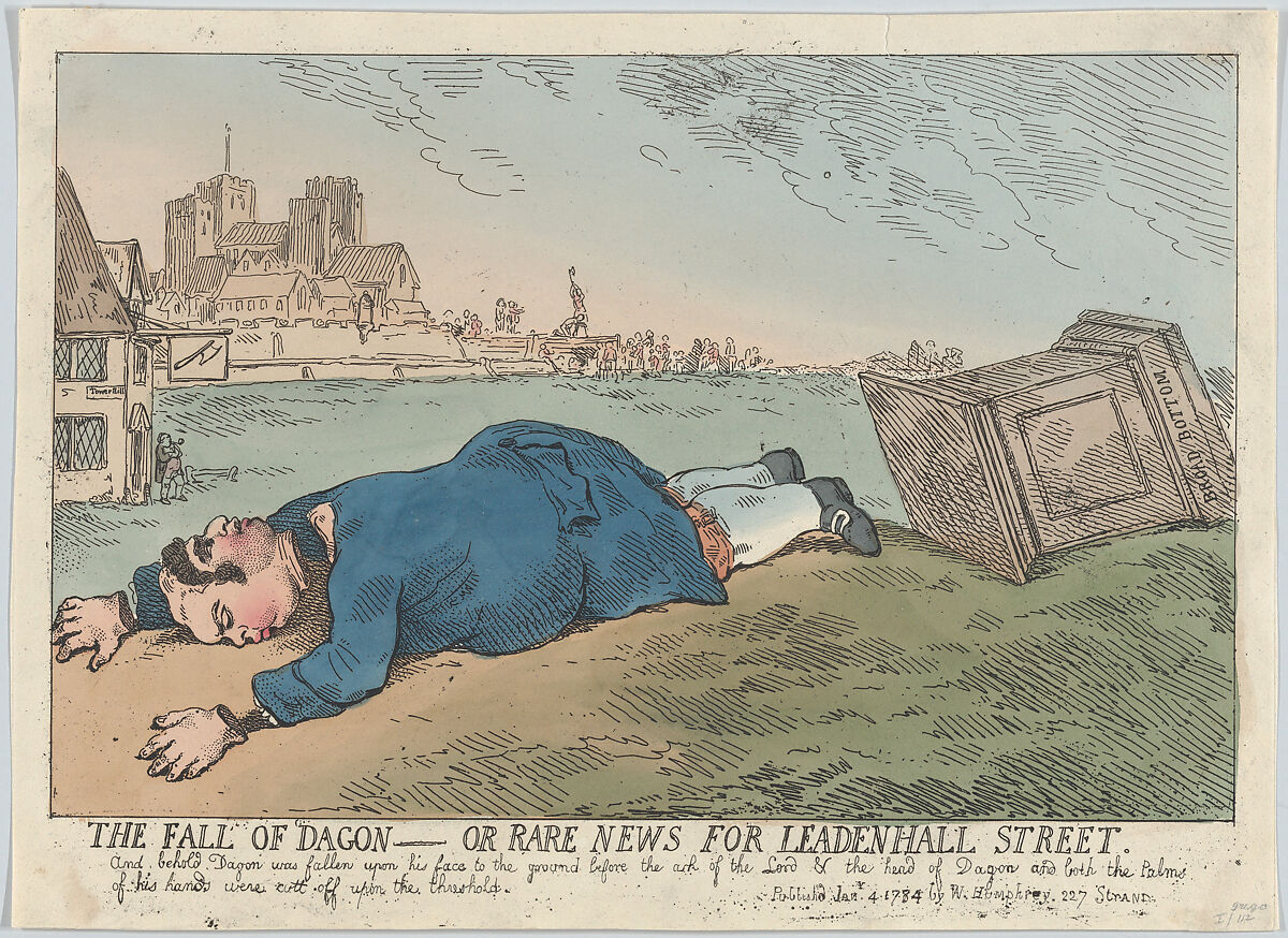 The Fall of Dagon – Or Rare News for Leadenhall Street, Thomas Rowlandson (British, London 1757–1827 London), Hand-colored etching 