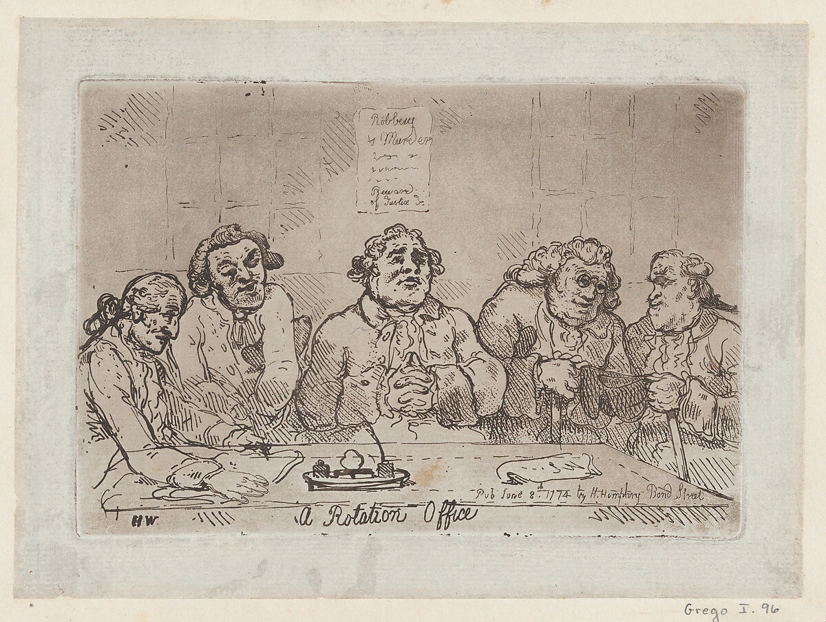 A Rotation Office, Thomas Rowlandson (British, London 1757–1827 London), Etching and aquatint; printed in brown ink 
