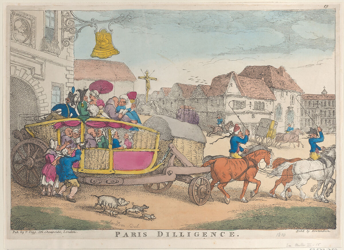 Paris Diligence, Thomas Rowlandson (British, London 1757–1827 London), Hand-colored etching 