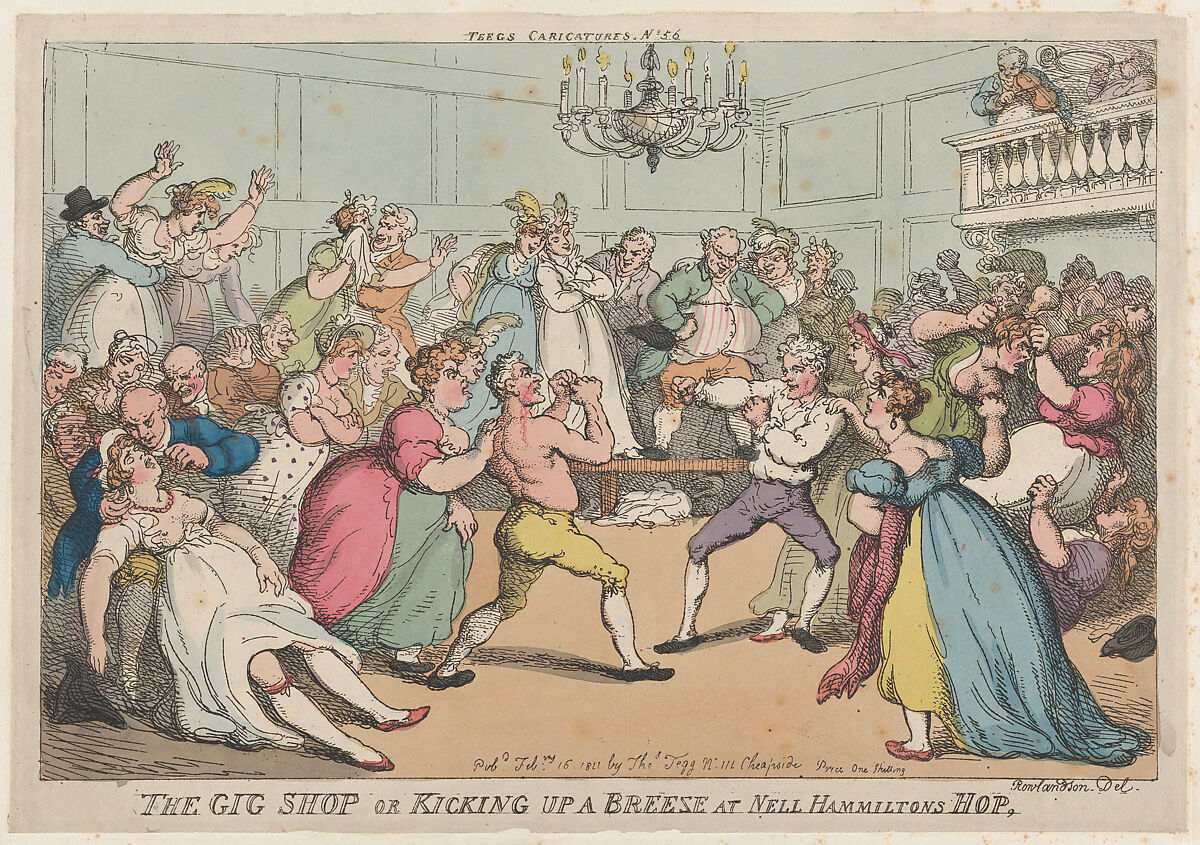 The Gig Shop or Kicking Up a Breeze at Nell Hammiltons Hop, Thomas Rowlandson (British, London 1757–1827 London), Hand-colored etching 