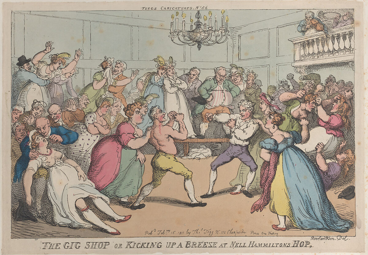 The Gig Shop or Kicking Up a Breeze at Nell Hammiltons Hop, Thomas Rowlandson (British, London 1757–1827 London), Hand-colored etching