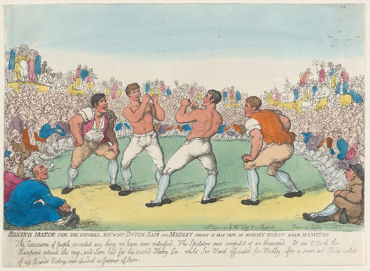 Boxing Match For 200 Guineas, Betwixt Dutch Sam and Medley, Fought 31 May 1810, on Moulsey Hurst Near Hampton, Thomas Rowlandson (British, London 1757–1827 London), Hand-colored etching 