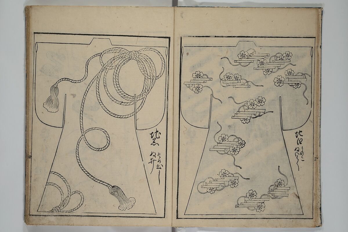 Contemporary Kimono Patterns (Tōsei hiinagata) 当世ひいな形, Hishikawa Moronobu 菱川師宣 (Japanese, 1618–1694), First volume from a set of woodblock-printed books; ink on paper, Japan