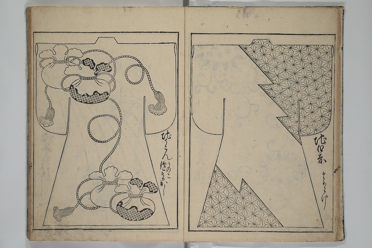 Contemporary Kimono Patterns (Tōsei hiinagata) 当世ひいな形, Hishikawa Moronobu 菱川師宣 (Japanese, 1618–1694), First volume from a set of woodblock-printed books; ink on paper, Japan