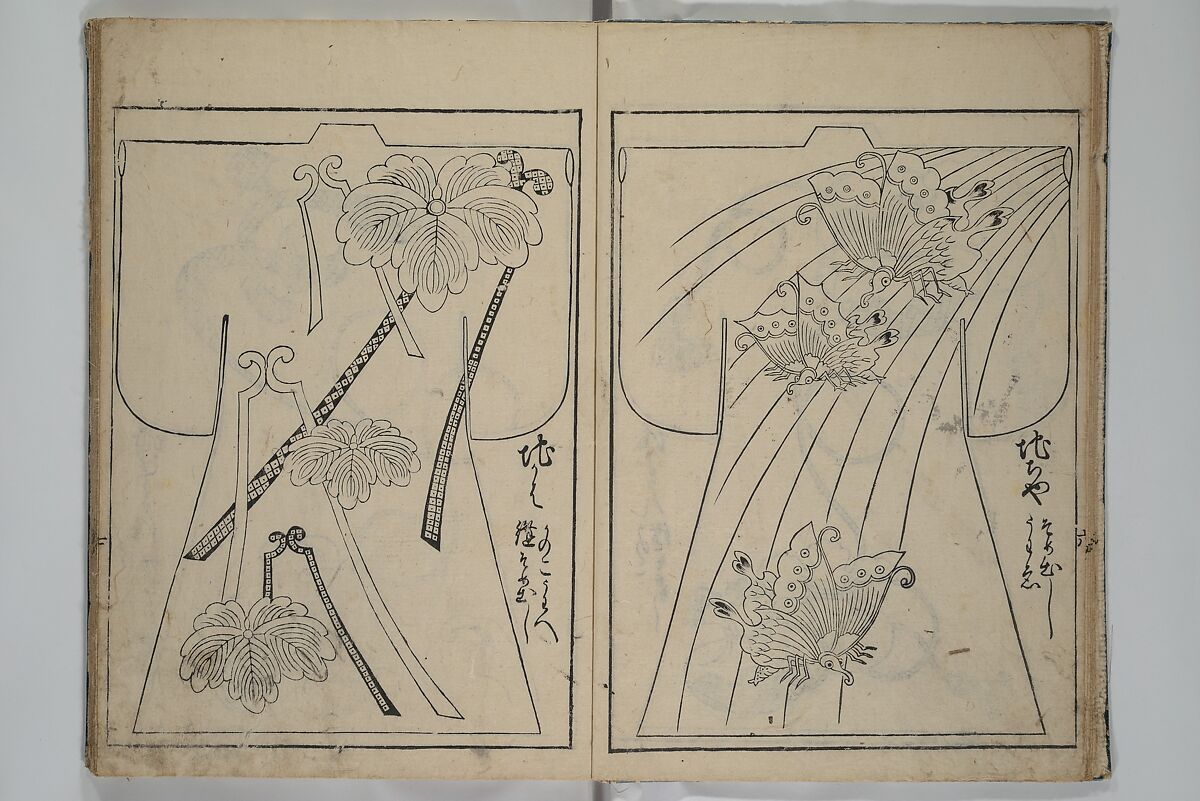 Contemporary Kimono Patterns (Tōsei hiinagata) 当世ひいな形, Hishikawa Moronobu 菱川師宣 (Japanese, 1618–1694), First volume from a set of woodblock-printed books; ink on paper, Japan