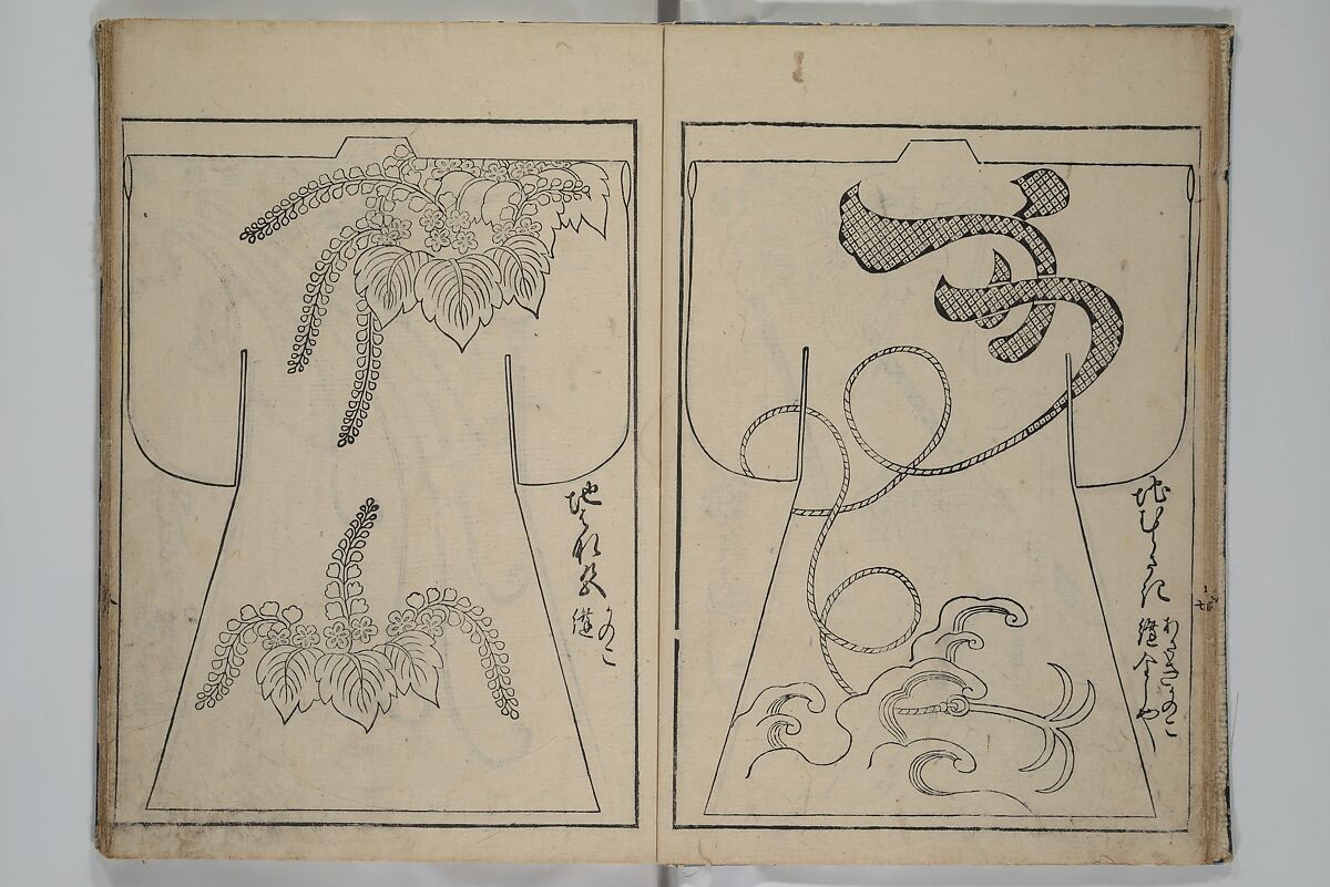 Contemporary Kimono Patterns (Tōsei hiinagata) 当世ひいな形, Hishikawa Moronobu 菱川師宣 (Japanese, 1618–1694), First volume from a set of woodblock-printed books; ink on paper, Japan