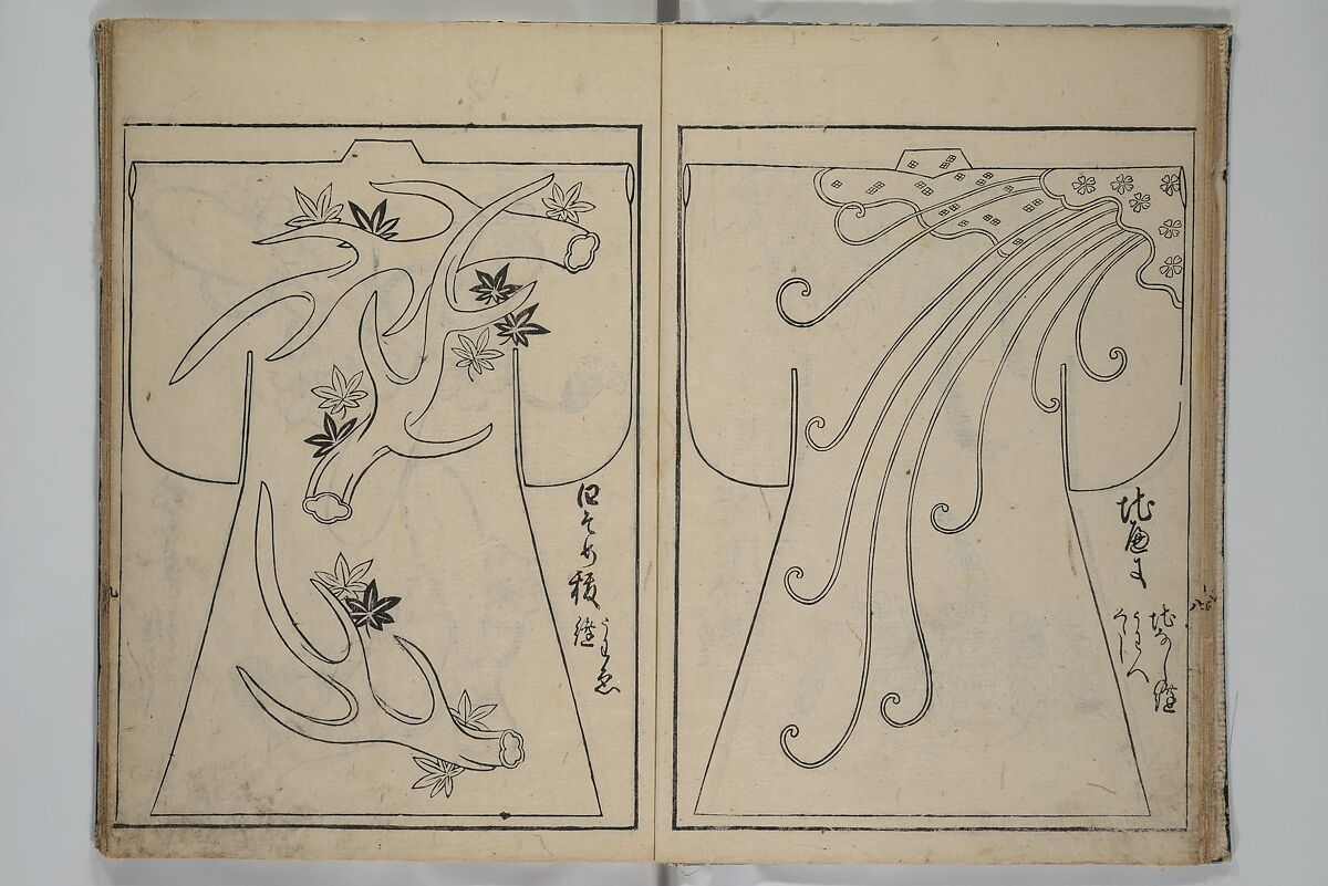 Contemporary Kimono Patterns (Tōsei hiinagata) 当世ひいな形, Hishikawa Moronobu 菱川師宣 (Japanese, 1618–1694), First volume from a set of woodblock-printed books; ink on paper, Japan