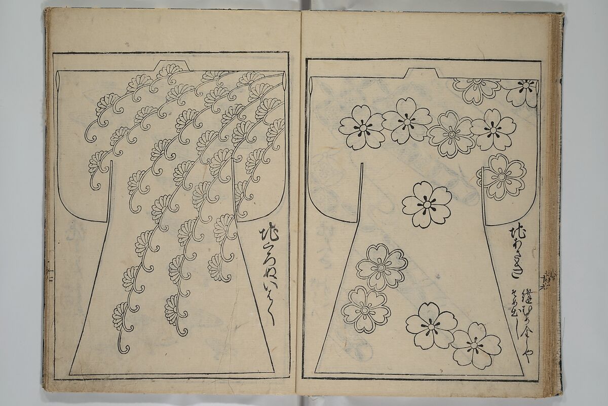 Contemporary Kimono Patterns (Tōsei hiinagata) 当世ひいな形, Hishikawa Moronobu 菱川師宣 (Japanese, 1618–1694), First volume from a set of woodblock-printed books; ink on paper, Japan