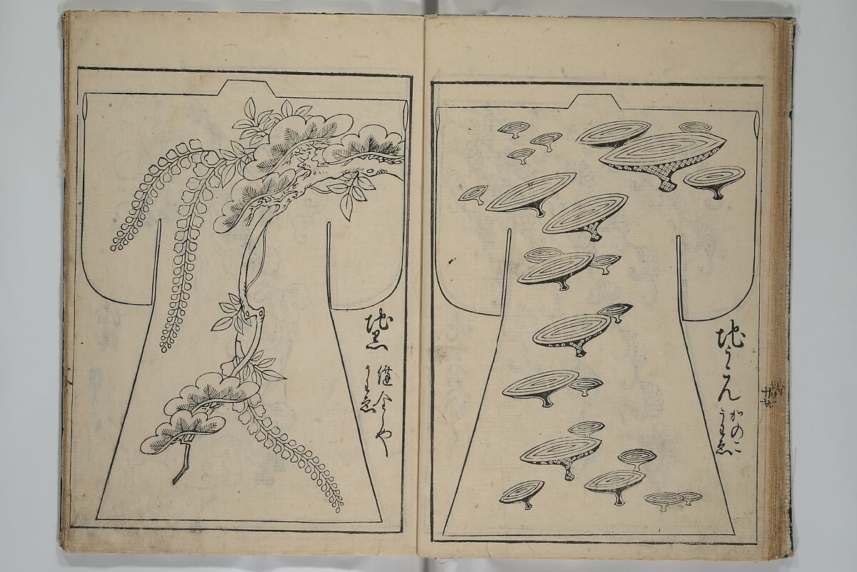 Contemporary Kimono Patterns (Tōsei hiinagata) 当世ひいな形, Hishikawa Moronobu 菱川師宣 (Japanese, 1618–1694), First volume from a set of woodblock-printed books; ink on paper, Japan