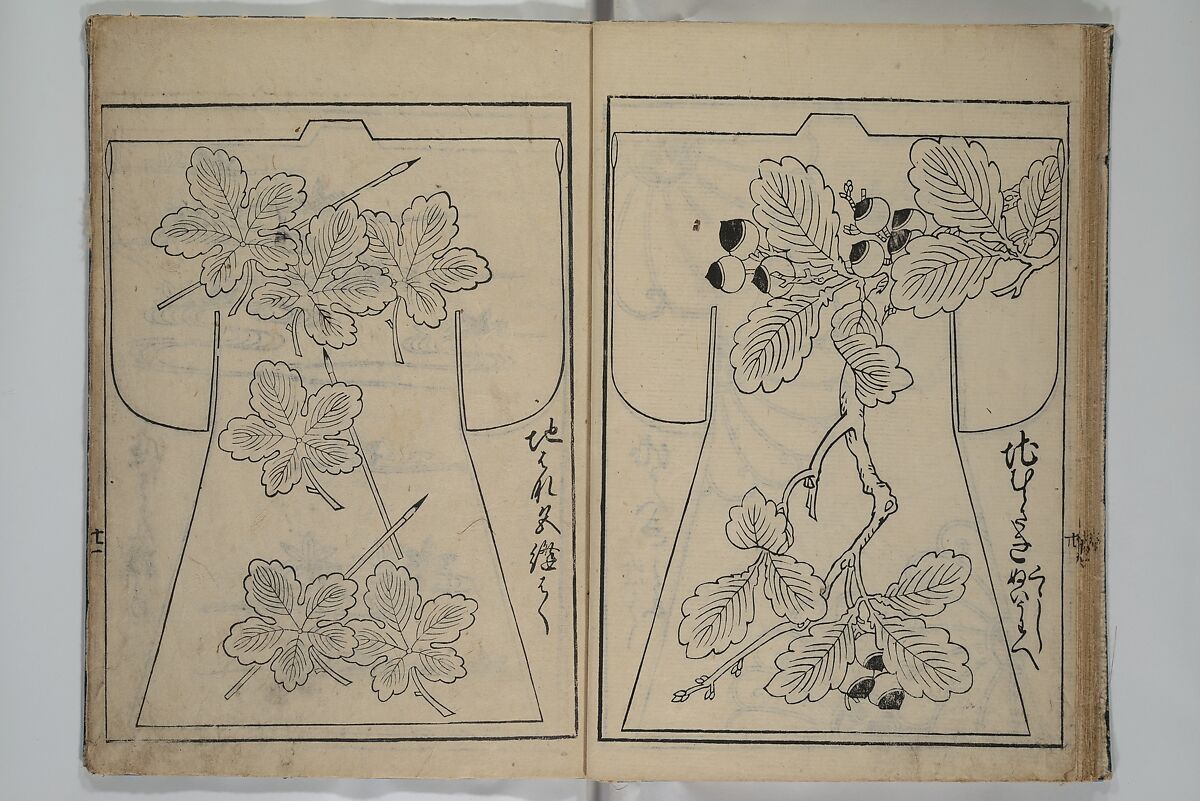 Contemporary Kimono Patterns (Tōsei hiinagata) 当世ひいな形, Hishikawa Moronobu 菱川師宣 (Japanese, 1618–1694), First volume from a set of woodblock-printed books; ink on paper, Japan