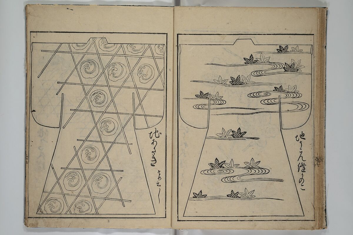 Contemporary Kimono Patterns (Tōsei hiinagata) 当世ひいな形, Hishikawa Moronobu 菱川師宣 (Japanese, 1618–1694), First volume from a set of woodblock-printed books; ink on paper, Japan