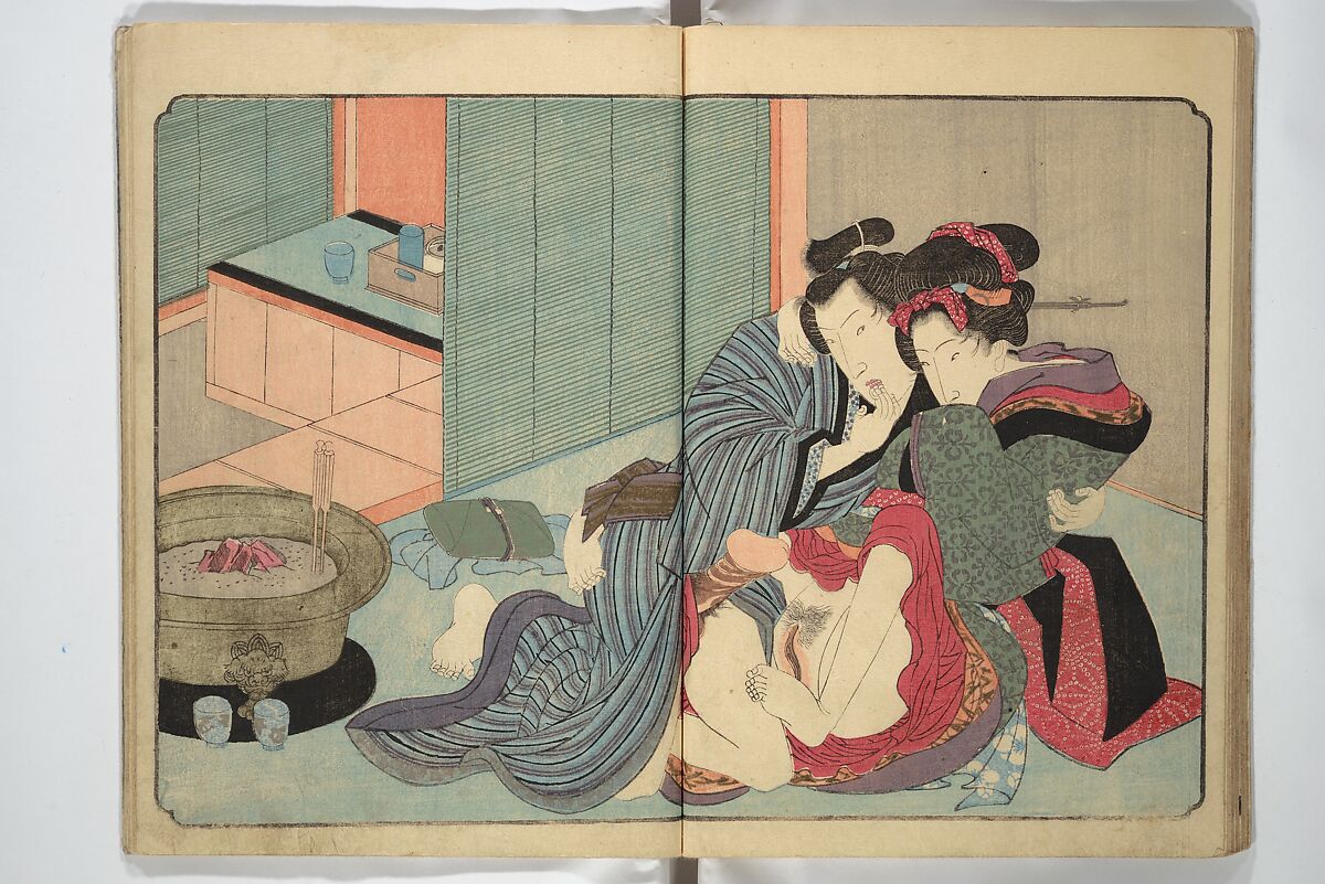 Floating Bridge of Heaven (Ama no ukihashi) 天野浮橋, Yanagawa Shigenobu 柳川重信 (Japanese, 1787–1832), Set of three woodblock printed books; ink and color on paper, Japan