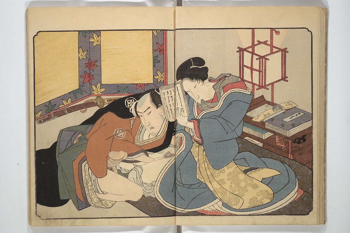 Floating Bridge of Heaven (Ama no ukihashi) 天野浮橋, Yanagawa Shigenobu 柳川重信 (Japanese, 1787–1832), Set of three woodblock printed books; ink and color on paper, Japan