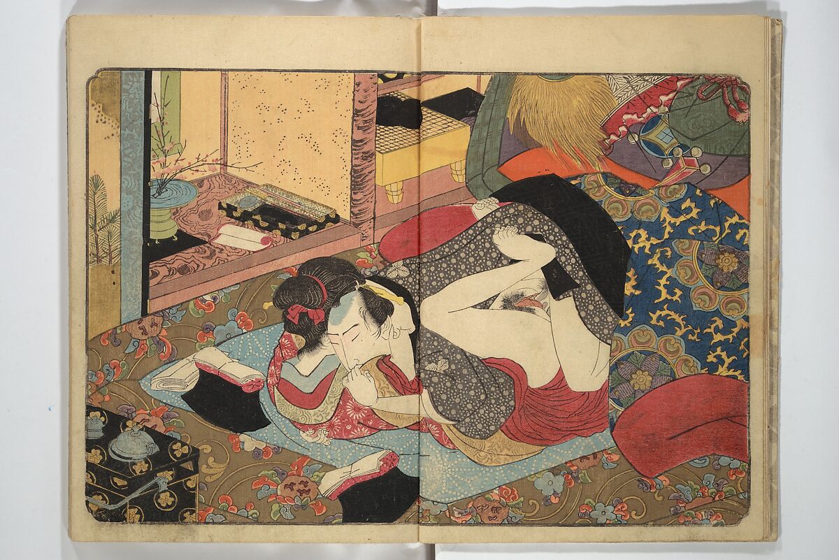 Floating Bridge of Heaven (Ama no ukihashi) 天野浮橋, Yanagawa Shigenobu 柳川重信 (Japanese, 1787–1832), Set of three woodblock printed books; ink and color on paper, Japan