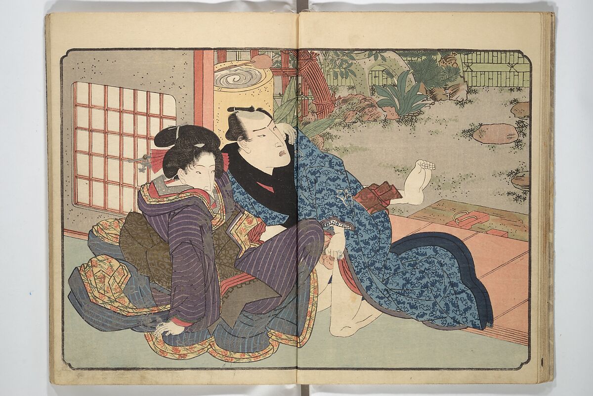 Floating Bridge of Heaven (Ama no ukihashi) 天野浮橋, Yanagawa Shigenobu 柳川重信 (Japanese, 1787–1832), Set of three woodblock printed books; ink and color on paper, Japan