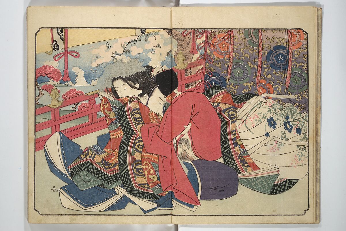 Floating Bridge of Heaven (Ama no ukihashi) 天野浮橋, Yanagawa Shigenobu 柳川重信 (Japanese, 1787–1832), Set of three woodblock printed books; ink and color on paper, Japan