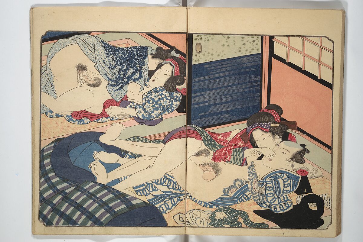 Floating Bridge of Heaven (Ama no ukihashi) 天野浮橋, Yanagawa Shigenobu 柳川重信 (Japanese, 1787–1832), Set of three woodblock printed books; ink and color on paper, Japan