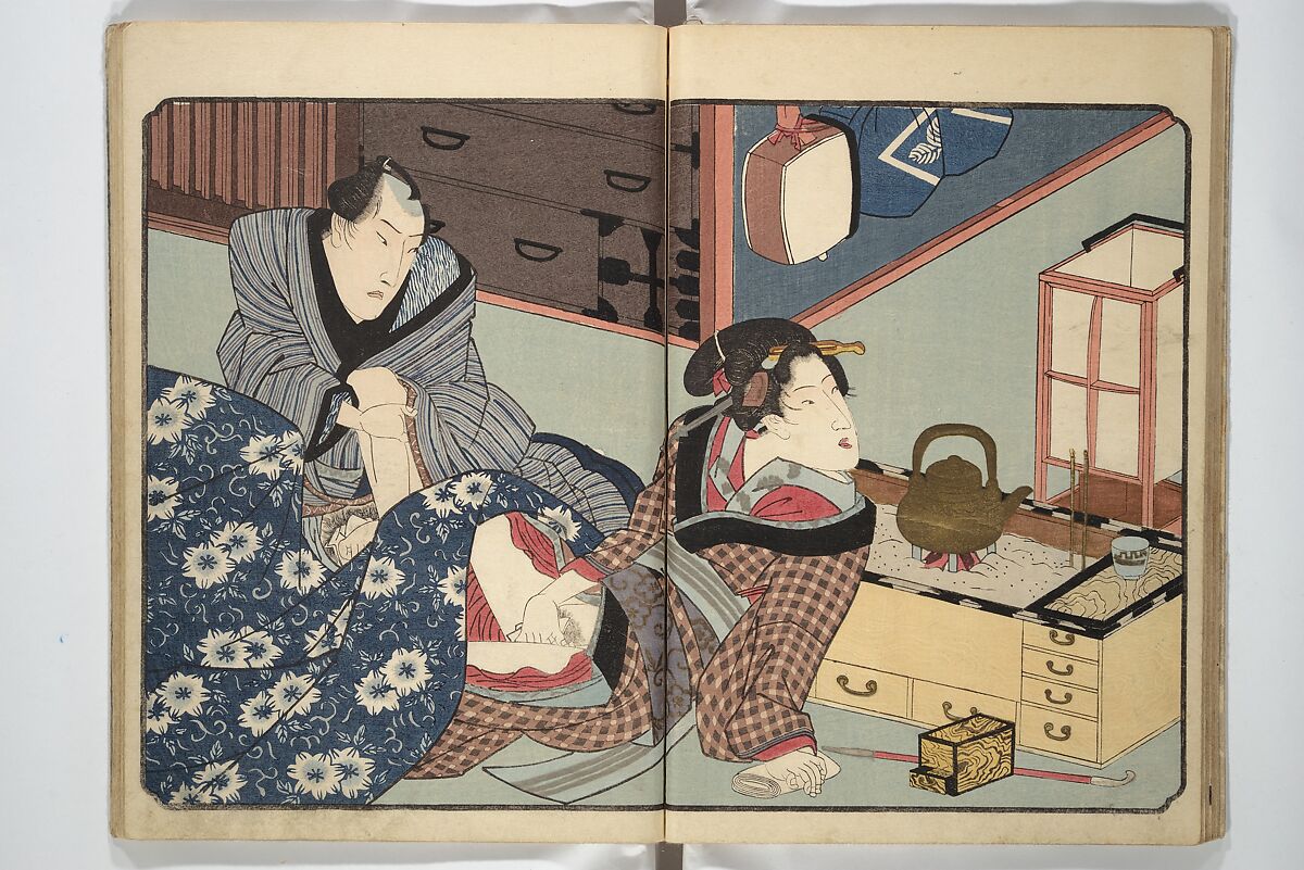 Floating Bridge of Heaven (Ama no ukihashi) 天野浮橋, Yanagawa Shigenobu 柳川重信 (Japanese, 1787–1832), Set of three woodblock printed books; ink and color on paper, Japan