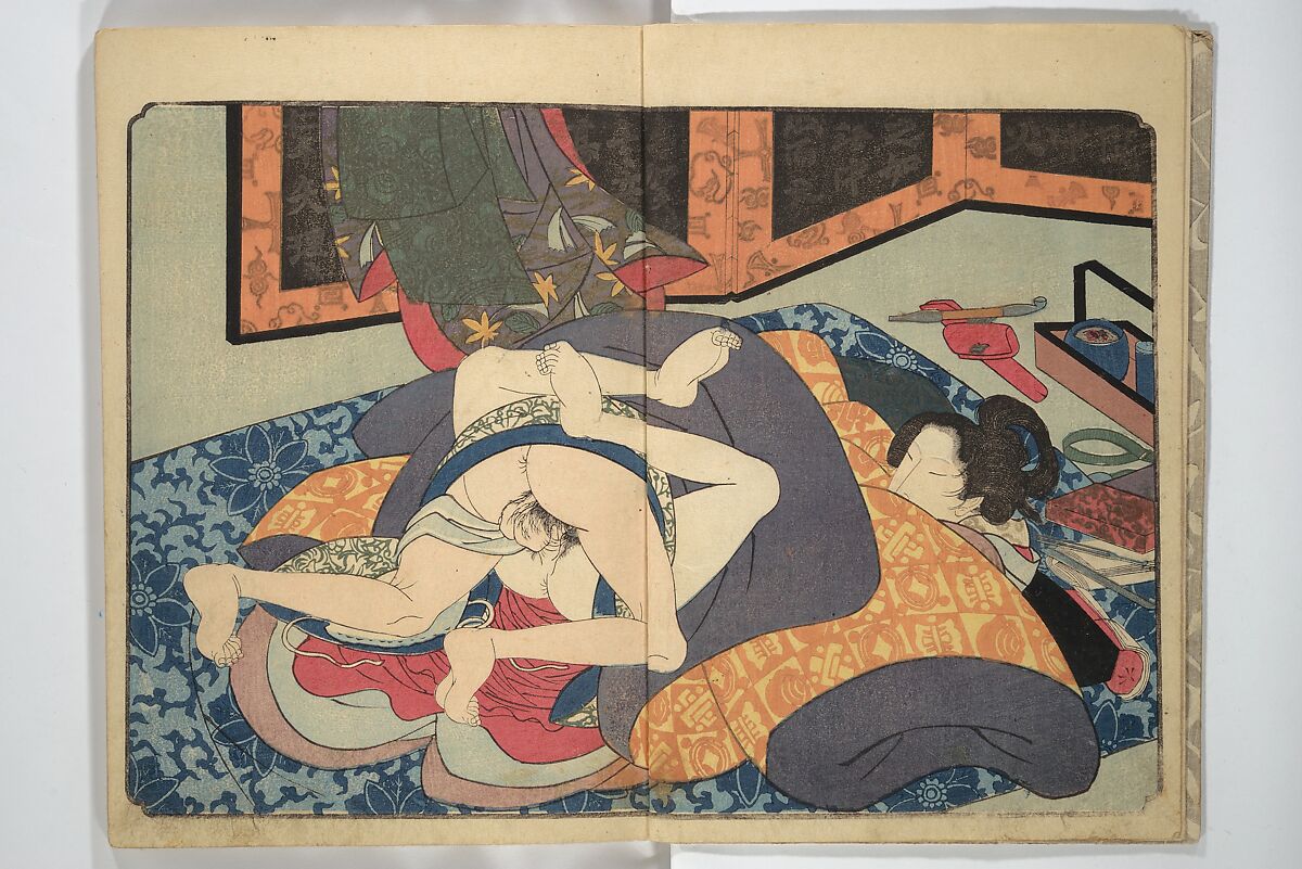 Floating Bridge of Heaven (Ama no ukihashi) 天野浮橋, Yanagawa Shigenobu 柳川重信 (Japanese, 1787–1832), Set of three woodblock printed books; ink and color on paper, Japan