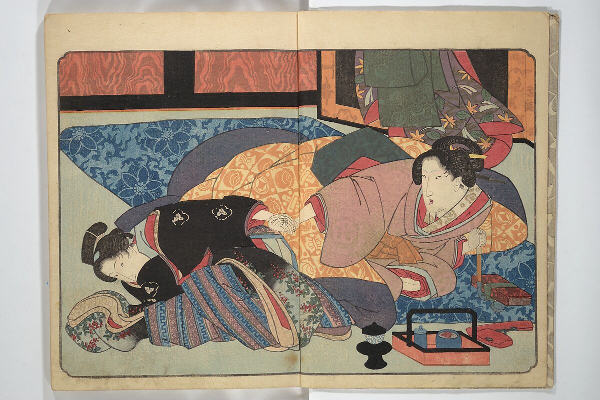 Floating Bridge of Heaven (Ama no ukihashi) 天野浮橋, Yanagawa Shigenobu 柳川重信 (Japanese, 1787–1832), Set of three woodblock printed books; ink and color on paper, Japan