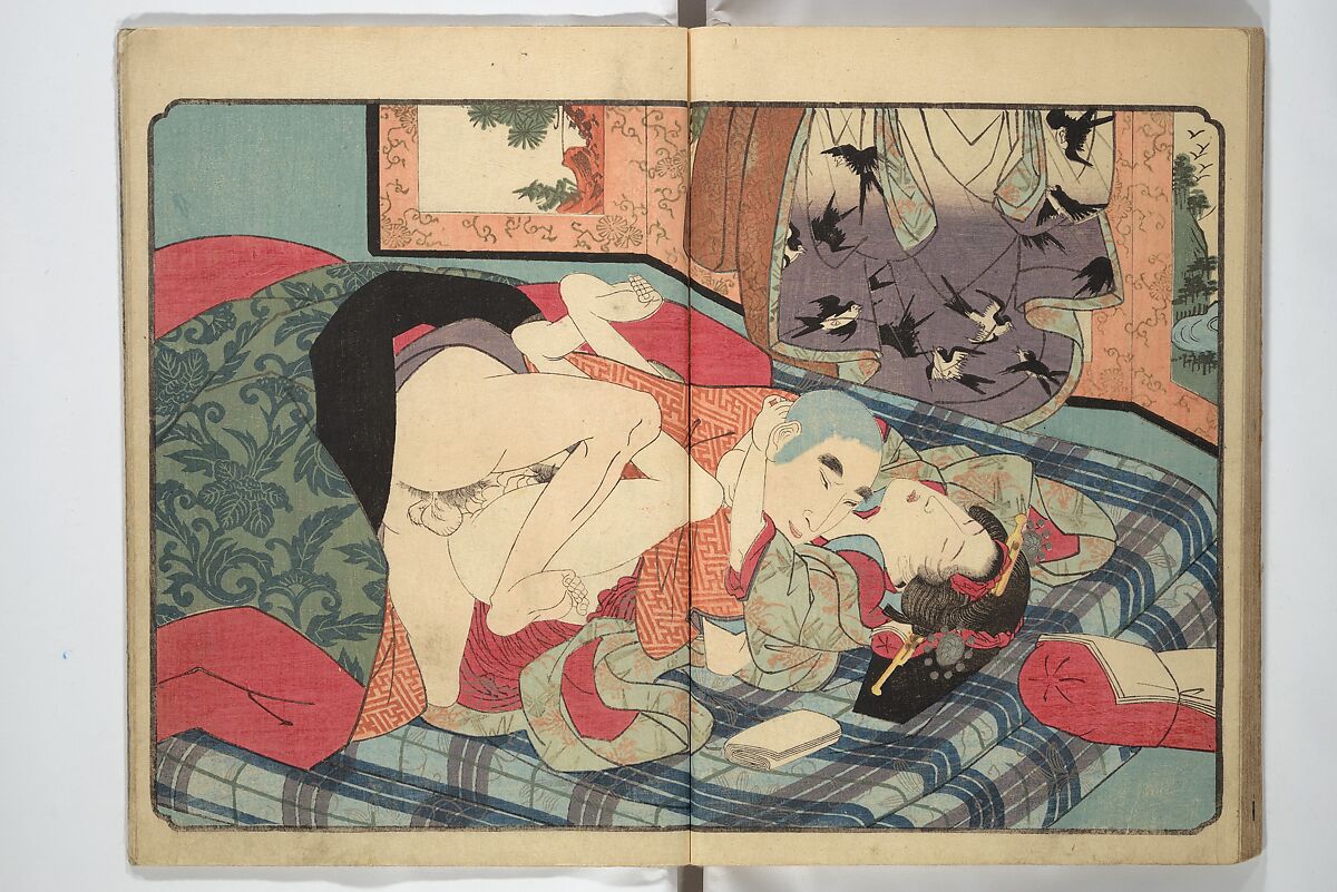 Floating Bridge of Heaven (Ama no ukihashi) 天野浮橋, Yanagawa Shigenobu 柳川重信 (Japanese, 1787–1832), Set of three woodblock printed books; ink and color on paper, Japan