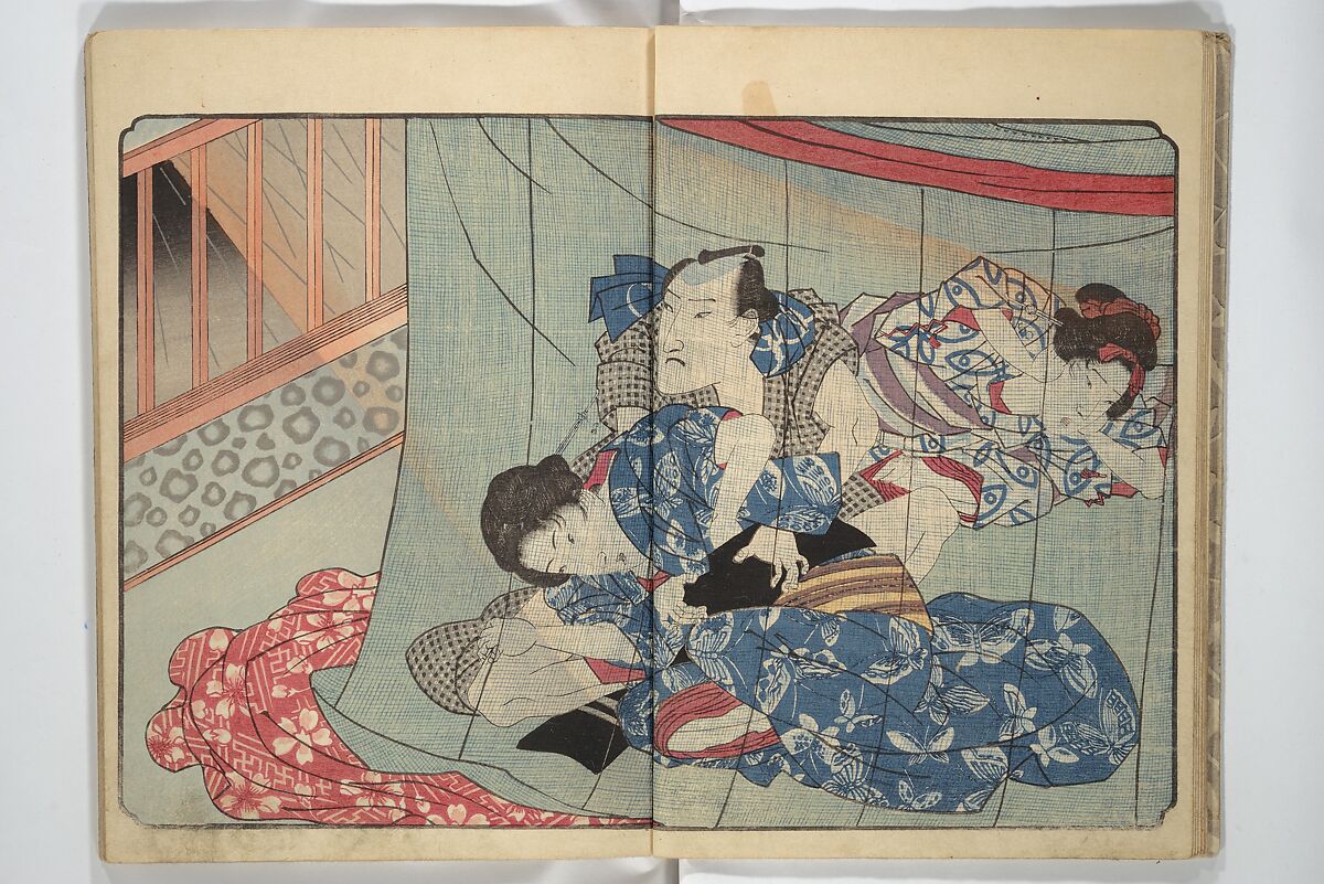 Floating Bridge of Heaven (Ama no ukihashi) 天野浮橋, Yanagawa Shigenobu 柳川重信 (Japanese, 1787–1832), Set of three woodblock printed books; ink and color on paper, Japan