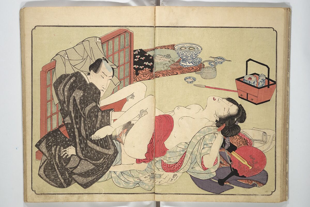 Floating Bridge of Heaven (Ama no ukihashi) 天野浮橋, Yanagawa Shigenobu 柳川重信 (Japanese, 1787–1832), Set of three woodblock printed books; ink and color on paper, Japan