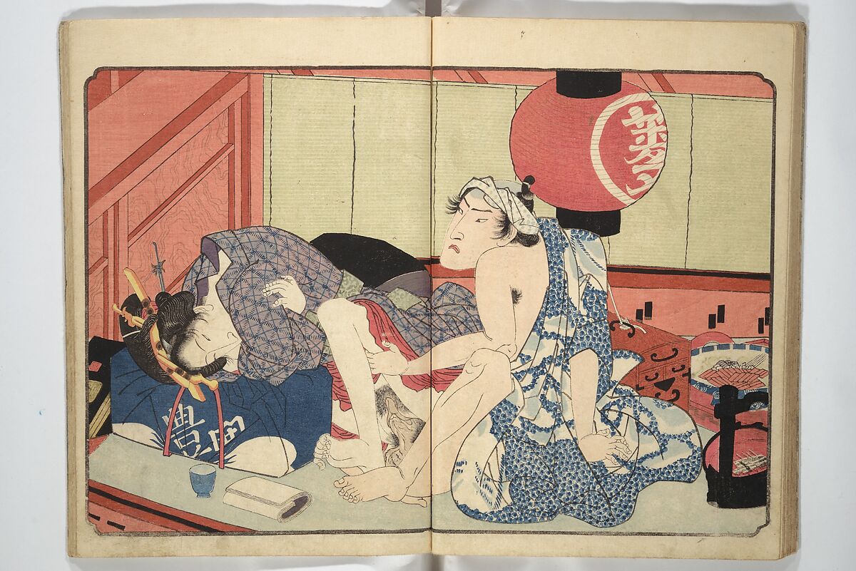 Floating Bridge of Heaven (Ama no ukihashi) 天野浮橋, Yanagawa Shigenobu 柳川重信 (Japanese, 1787–1832), Set of three woodblock printed books; ink and color on paper, Japan