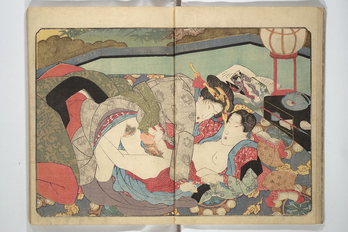 Floating Bridge of Heaven (Ama no ukihashi) 天野浮橋, Yanagawa Shigenobu 柳川重信 (Japanese, 1787–1832), Set of three woodblock printed books; ink and color on paper, Japan