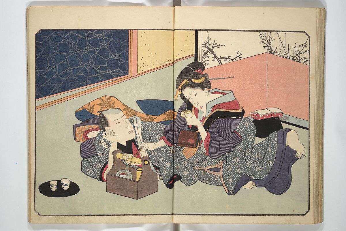 Floating Bridge of Heaven (Ama no ukihashi) 天野浮橋, Yanagawa Shigenobu 柳川重信 (Japanese, 1787–1832), Set of three woodblock printed books; ink and color on paper, Japan