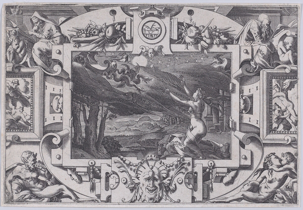 Medea and Her Chariot Drawn by Dragons (Echevellée et nue par nuit brune, en lieu désert invoque astres et lune...), from "Jason and the Golden Fleece", René Boyvin (French, Angers ca. 1525–1598 or 1625/6 Angers), Engraving 