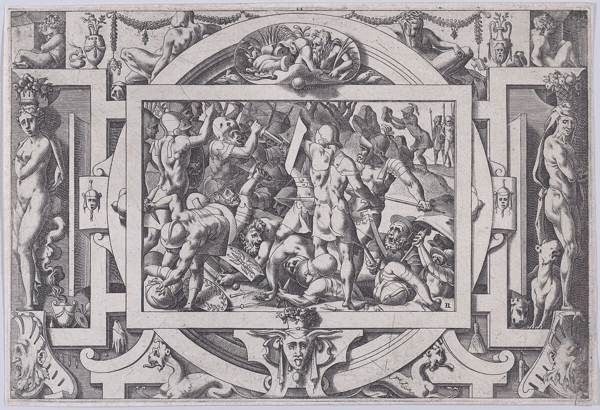 Jason Throws a Rock at the Giants (Cette moisson va son semeur chercher a fer tranchant...), from "Jason and the Golden Fleece", René Boyvin (French, Angers ca. 1525–1598 or 1625/6 Angers), Engraving 