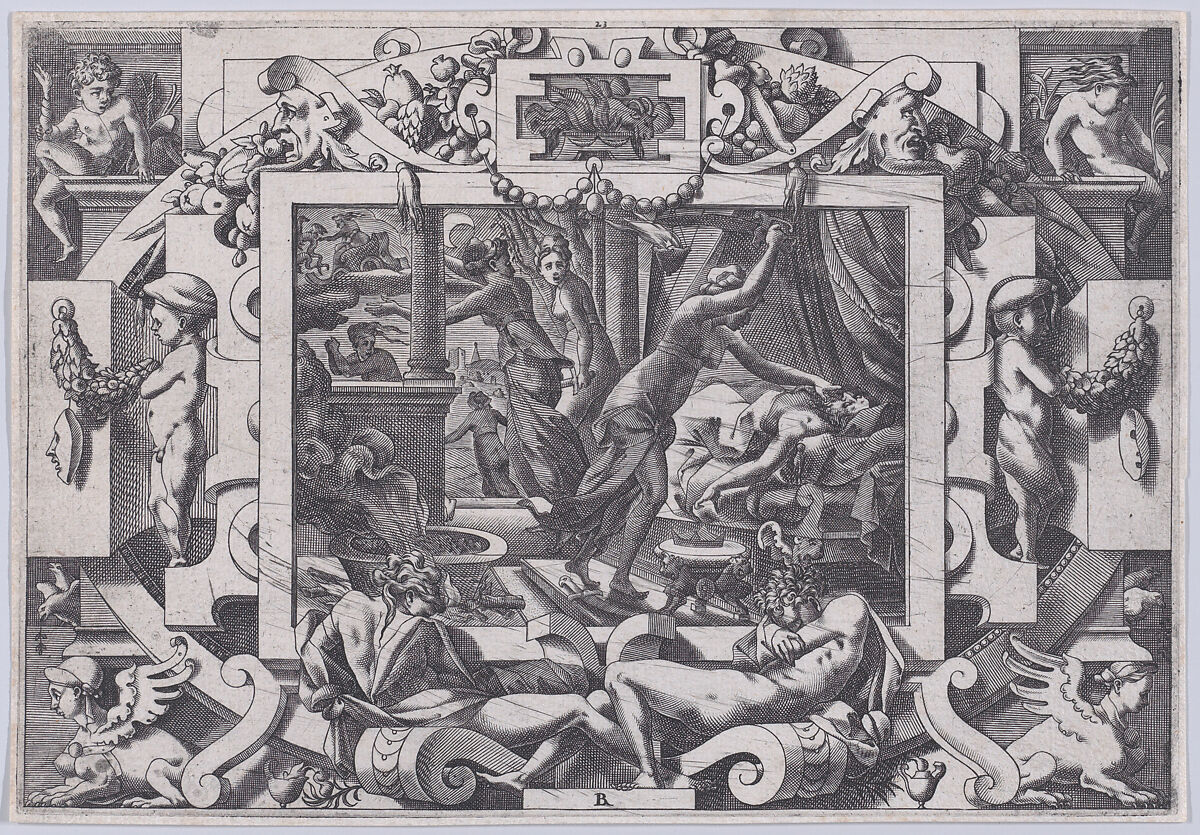 Pelias Killed by his Daughters (Dont par pitié elles prennent courage son sang vider par violent outrage...), from "Jason and the Golden Fleece", René Boyvin (French, Angers ca. 1525–1598 or 1625/6 Angers), Engraving 