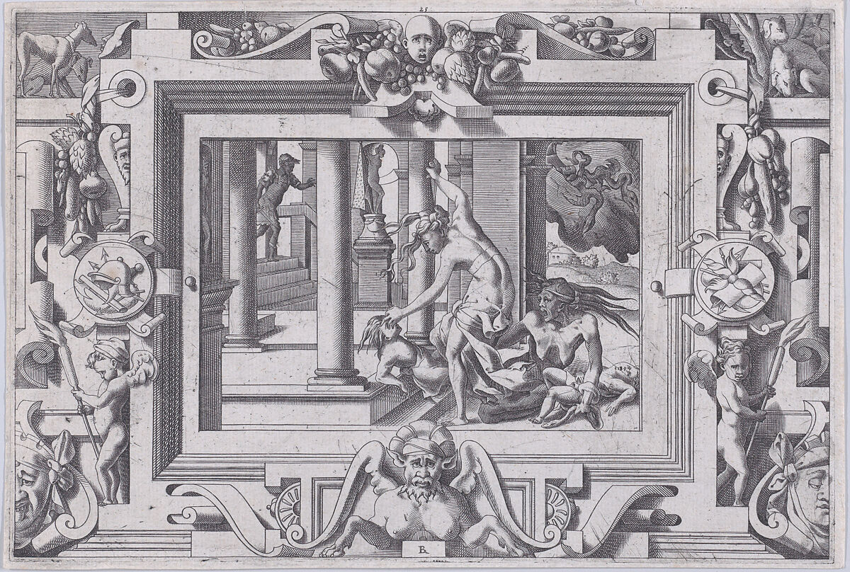 Medea Kills Her Two Children by Jason (Pour qui d'Absyrte a le sang repandu, fait que du sien le tort lui soit rendu...), from "Jason and the Golden Fleece", René Boyvin (French, Angers ca. 1525–1598 or 1625/6 Angers), Engraving 
