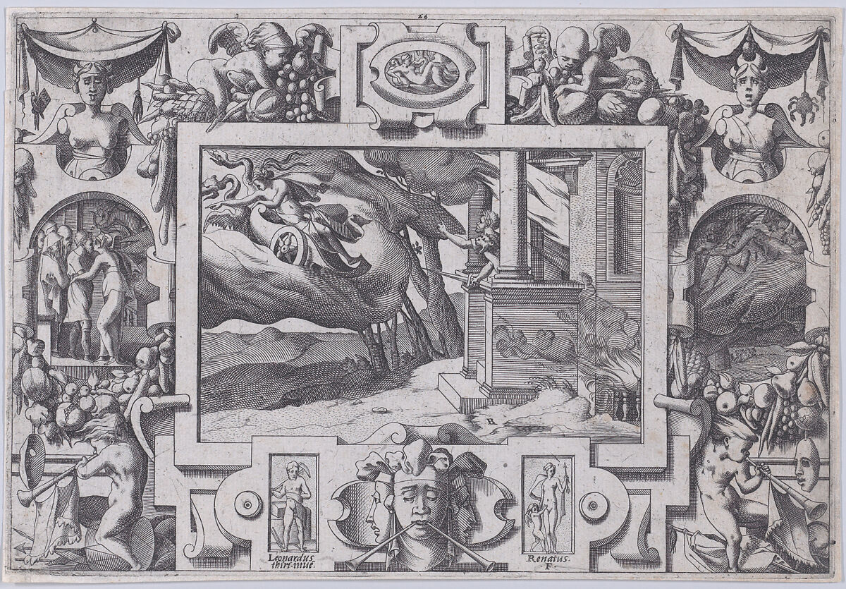 Medea Flees from Jason (L'épée au poing court Jason la poursuivre mais ne peut celle en vitesse aconsuivre...), from "Jason and the Golden Fleece", René Boyvin (French, Angers ca. 1525–1598 or 1625/6 Angers), Engraving 