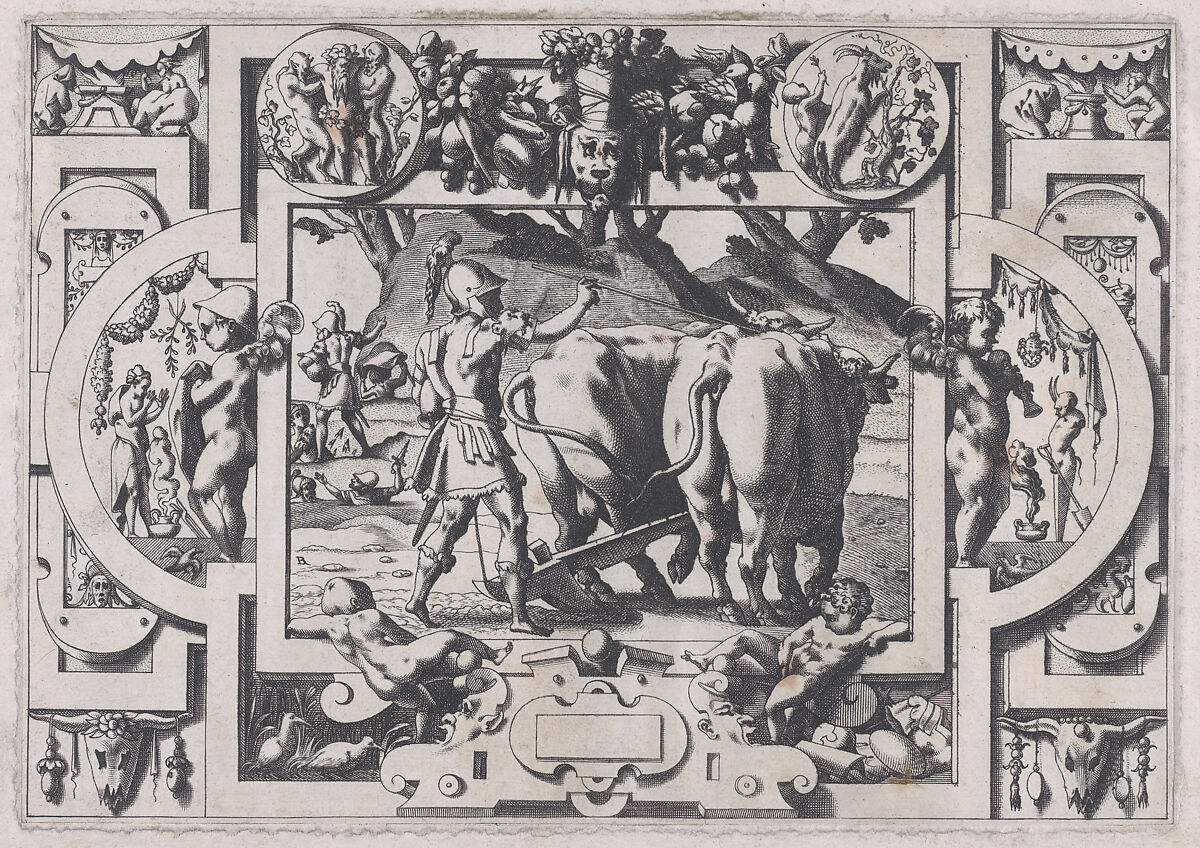 Jason Sows the Dragon's Teeth (Jason les dompte et sous le joug enserre et labourer leur fait de Mars la terre...), from "Jason and the Golden Fleece", René Boyvin (French, Angers ca. 1525–1598 or 1625/6 Angers), Engraving 