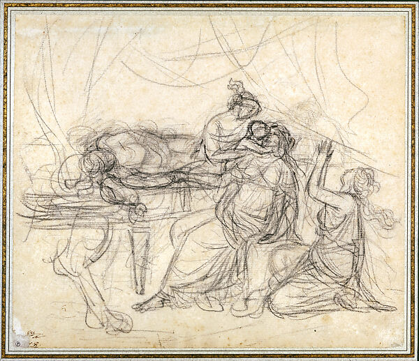 Andromache Mourning the Death of Hector, Jacques Louis David (French, Paris 1748–1825 Brussels), Black chalk, touches of pen and brown ink 