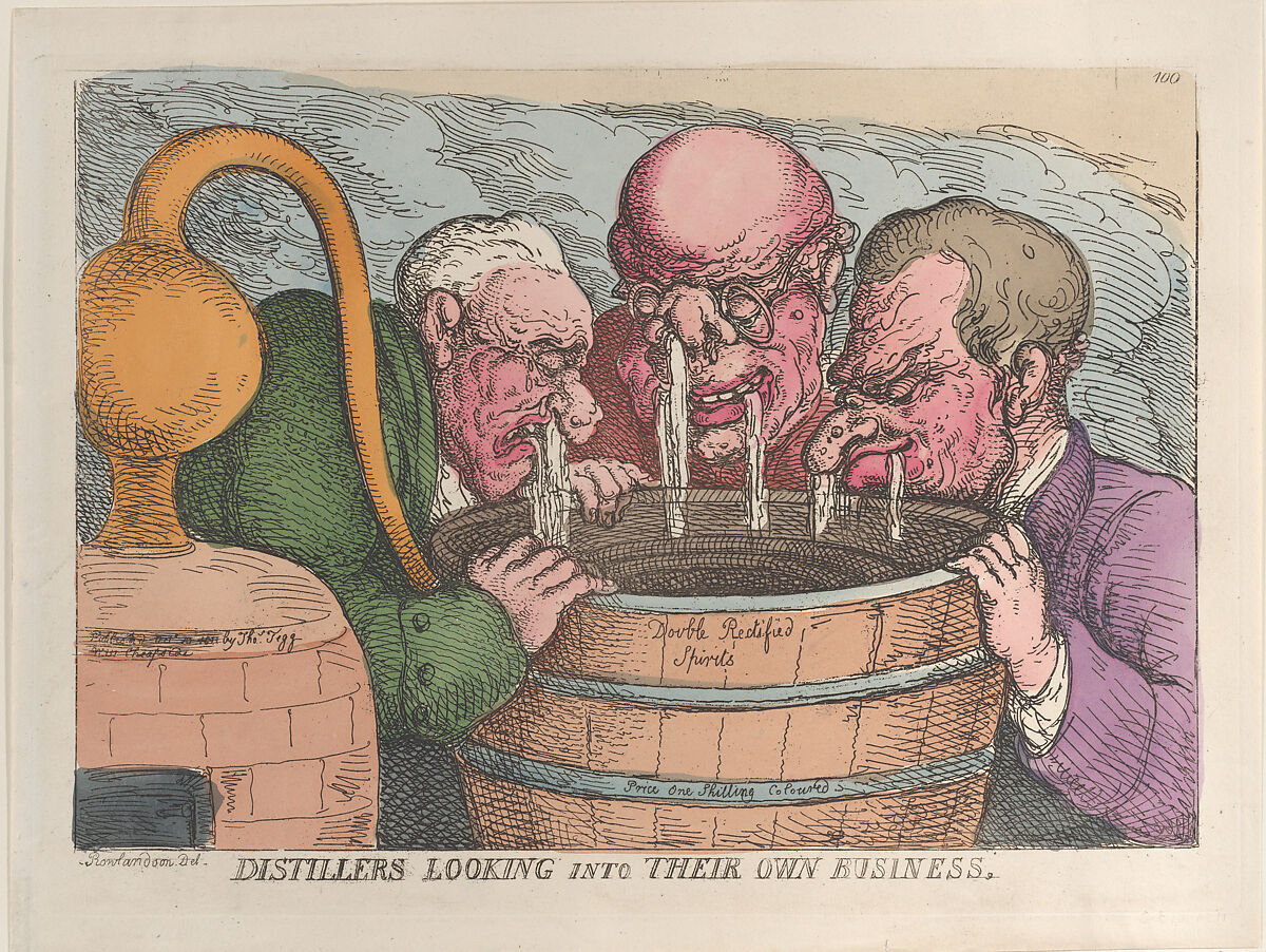 Distillers Looking into Their Own Business, Thomas Rowlandson (British, London 1757–1827 London), Hand-colored etching 