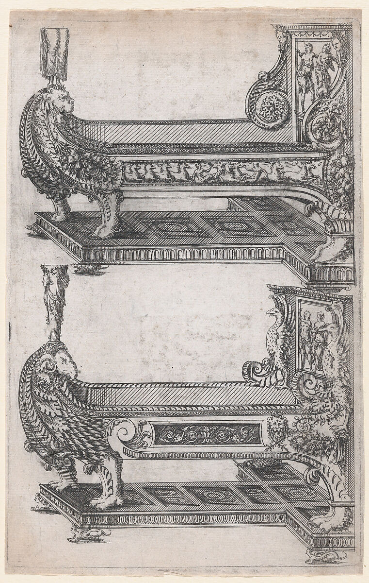 Designs for Two Beds, Jacques Androuet Du Cerceau (French, Paris 1510/12–1585 Annecy), Etching 