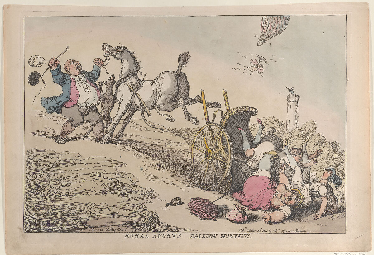 Rural Sports: Balloon Hunting, Thomas Rowlandson (British, London 1757–1827 London), Hand-colored etching 
