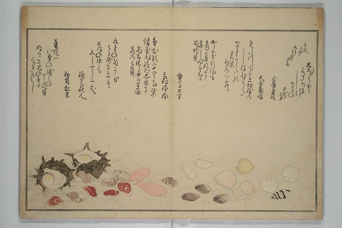 Gifts of the Ebb Tide (The Shell Book) (Shiohi no tsuto) 潮干のつと(都登), Kitagawa Utamaro 喜多川歌麿 (Japanese, ca. 1754–1806), Woodblock printed book (orihon, accordion-style); ink, color, mica, and gold-leaf on paper, Japan